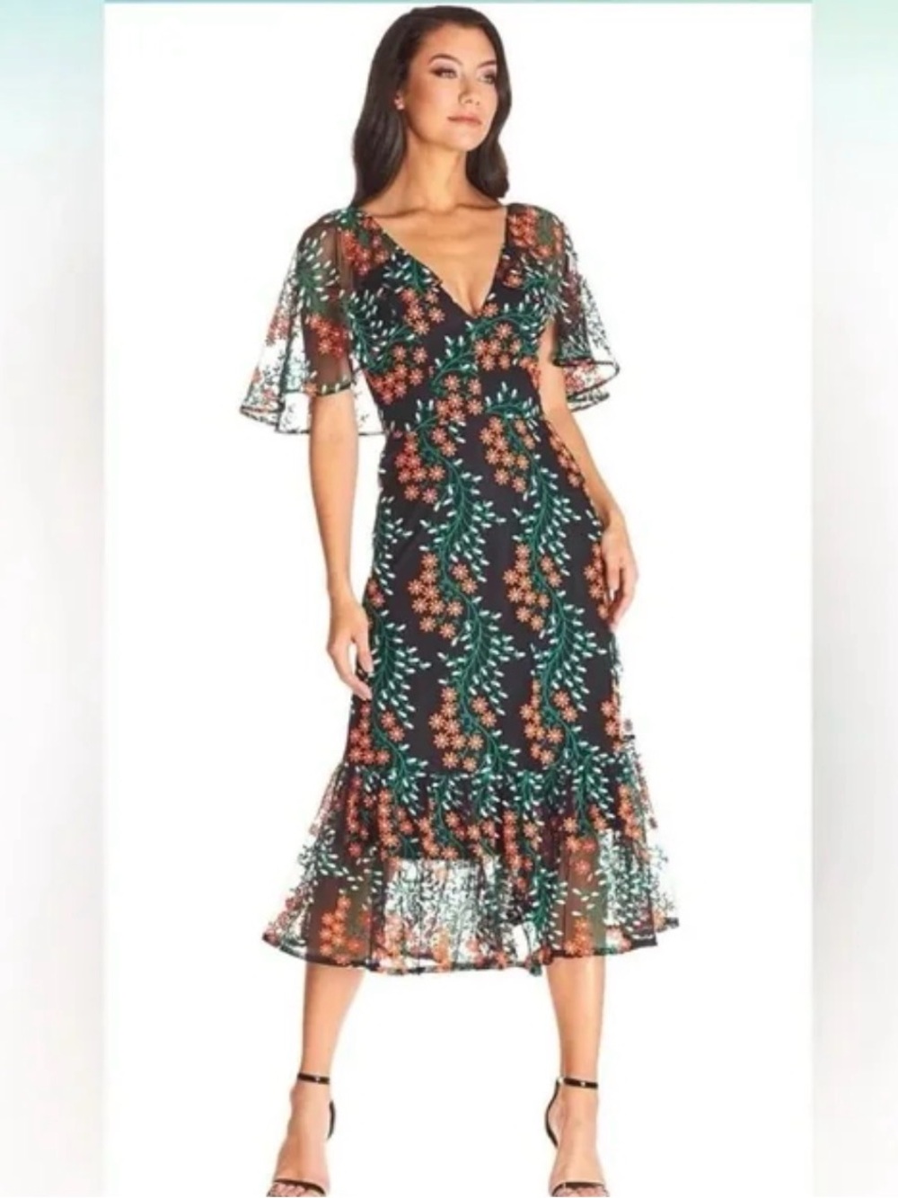 Dress the Population Size S Floral Black Midi Dress with Red & Green Embroidery